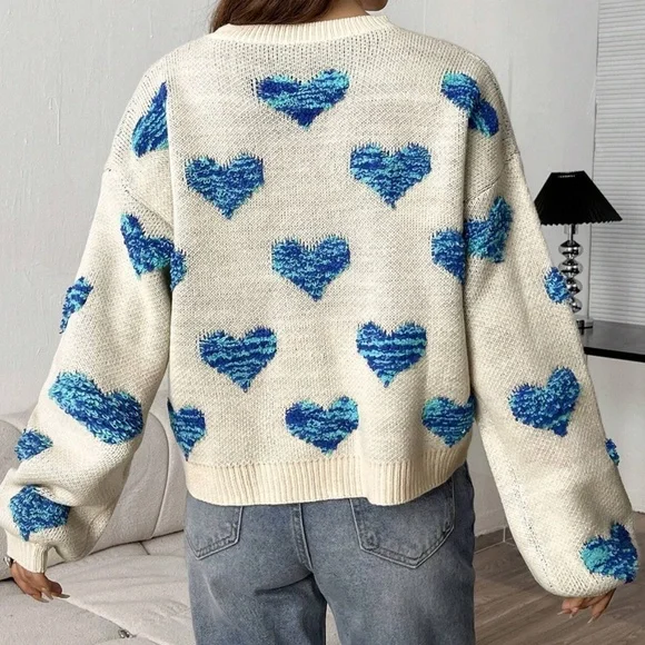 06 Cozy Hearts Print Oversized Knit Sweater Top - Picture 11 of 14